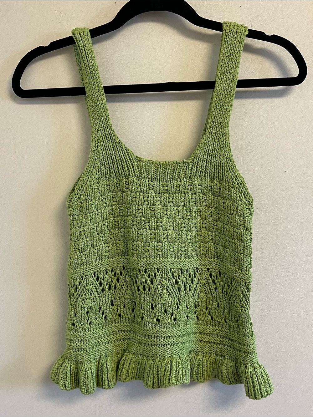 Boho Hippie Crochet Sweater Tank Ruffle Peplum Green Cotton Festival XS NWOT